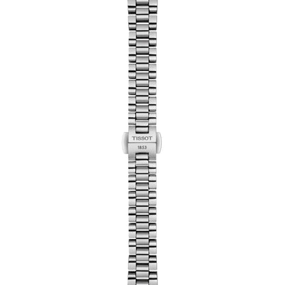 Silver watch strap with Tissot logo on a white background