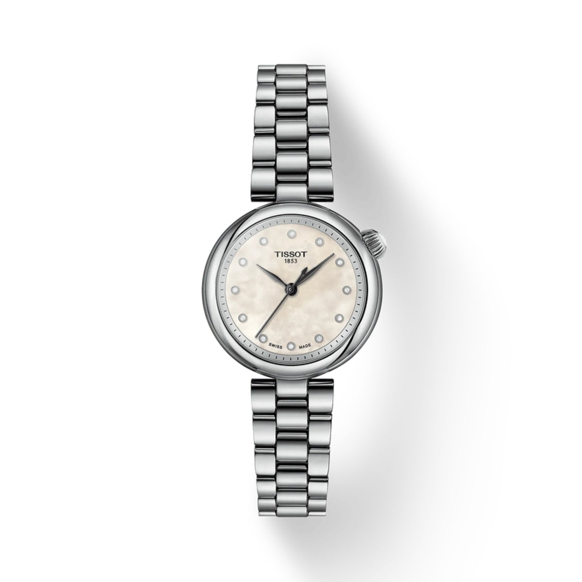 Silver Tissot watch with a white face on a white background