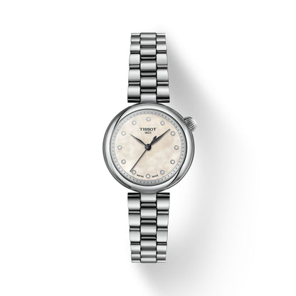 Silver Tissot watch with a white face on a white background