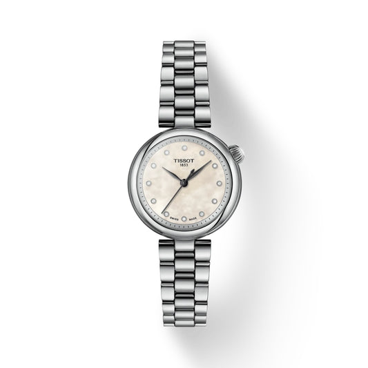 Silver Tissot watch with a white face on a white background