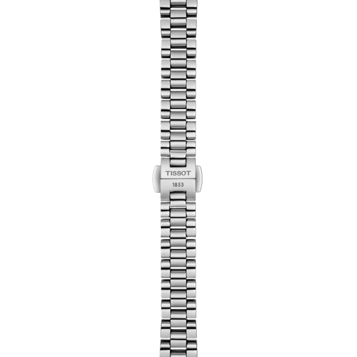 Silver watch strap with Tissot logo on a white background