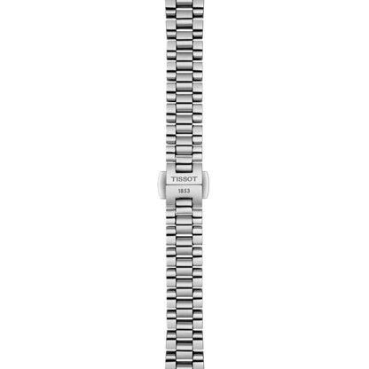 Silver watch strap with Tissot logo on a white background