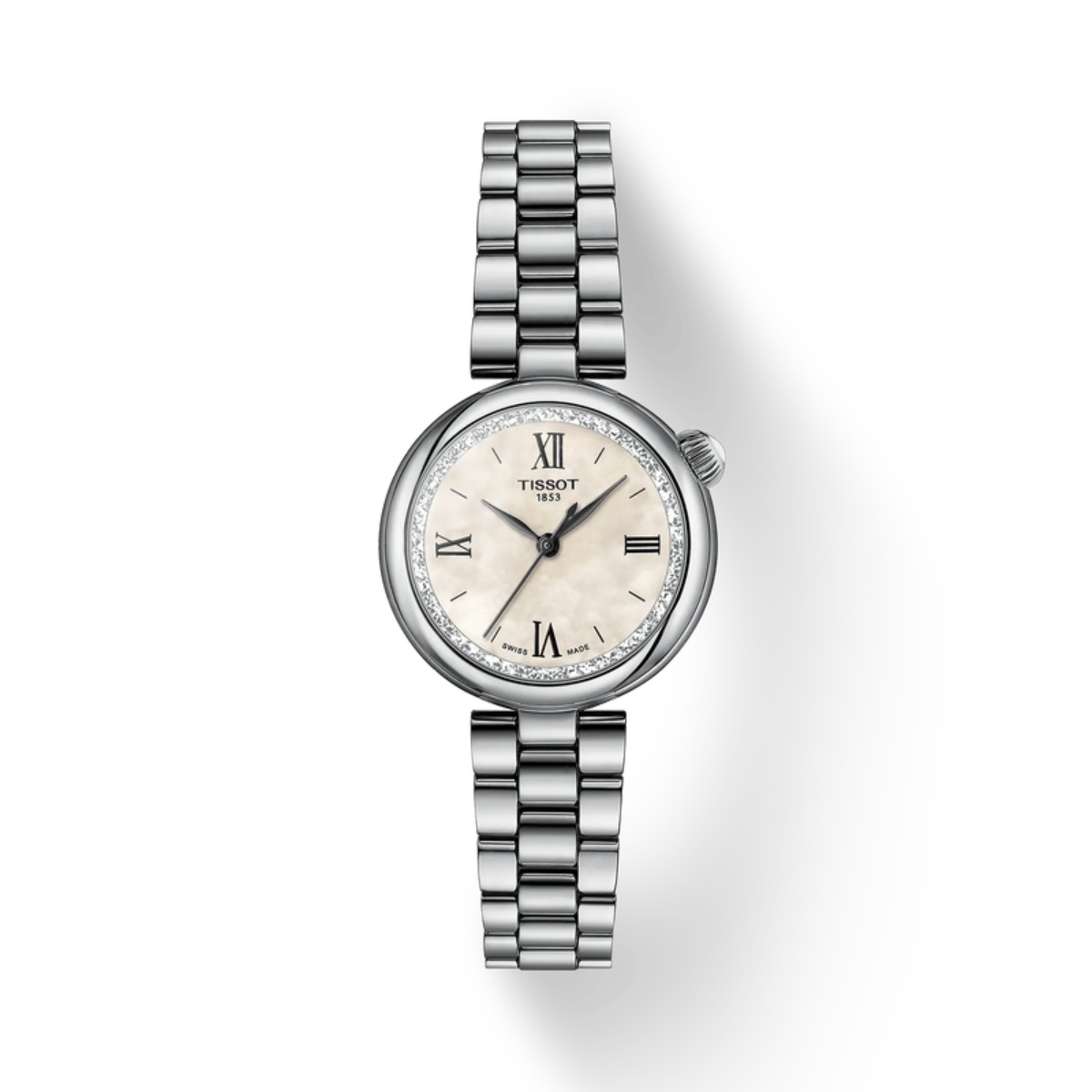 Silver watch with a white face on a white background