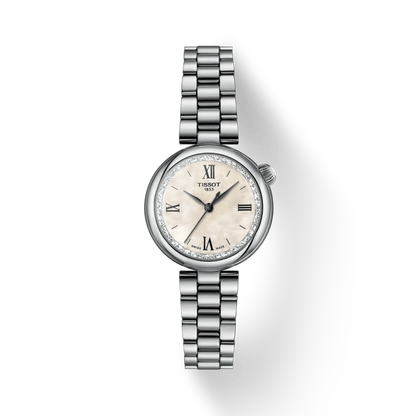 Silver watch with a white face on a white background
