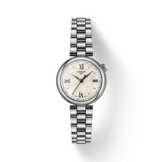 Silver watch with a white face on a white background