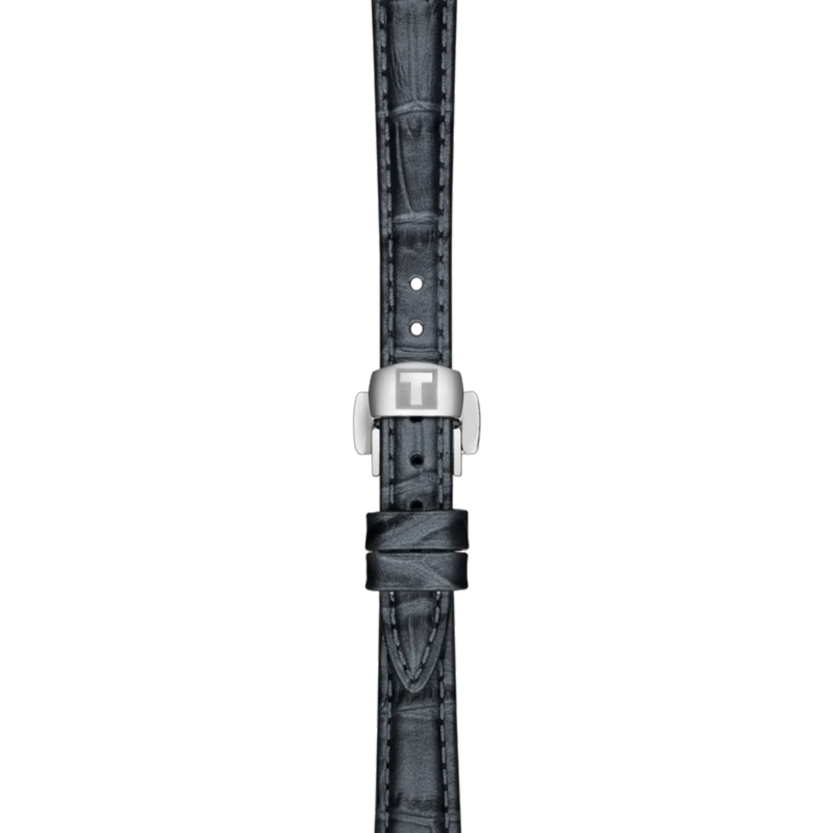 Black textured watch strap with silver clasp on a white background