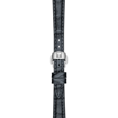 Black textured watch strap with silver clasp on a white background