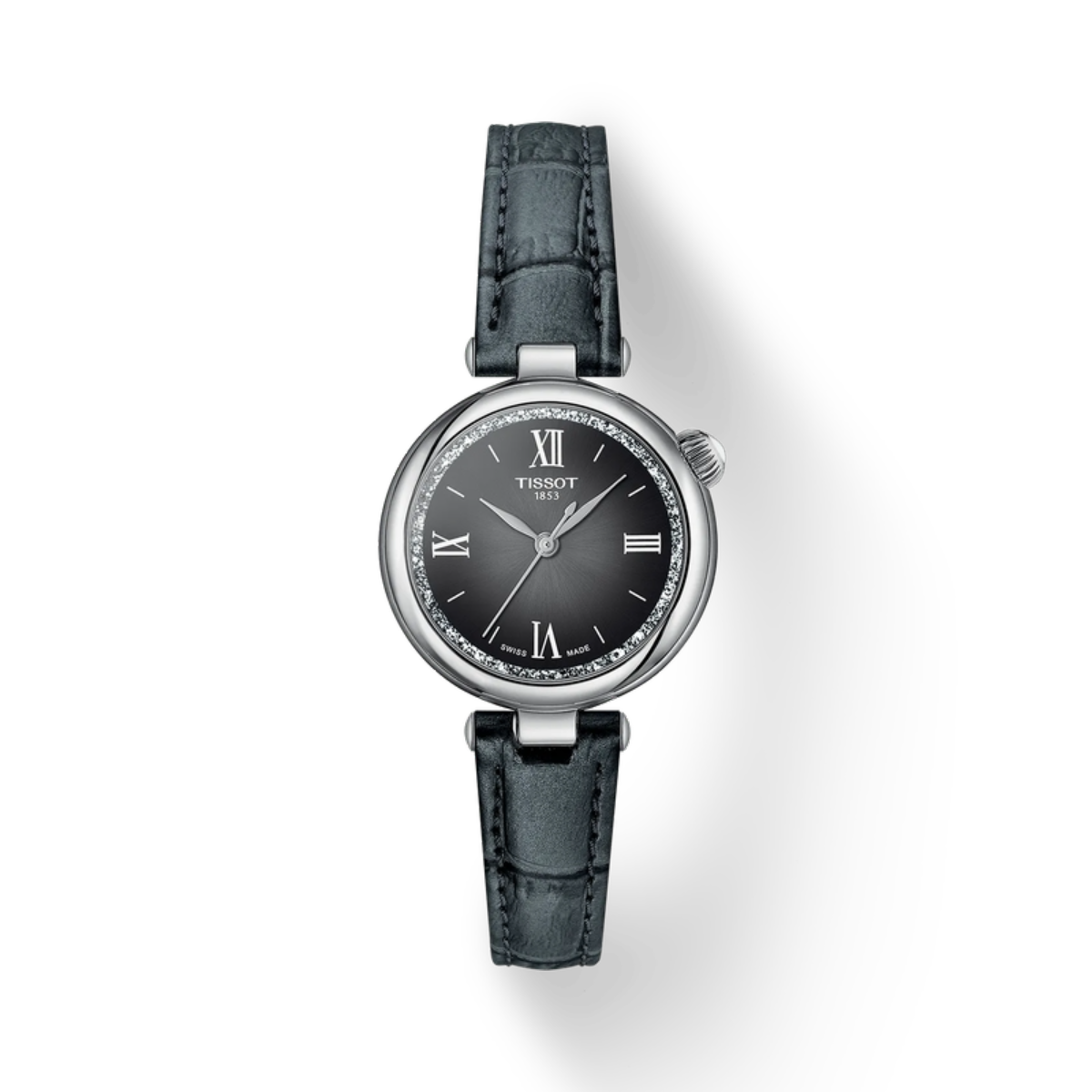 Watch with black leather strap and dark face on a white background
