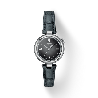Watch with black leather strap and dark face on a white background