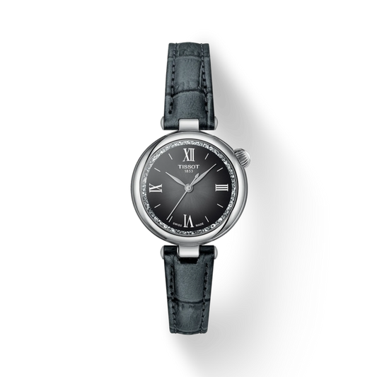 Watch with black leather strap and dark face on a white background