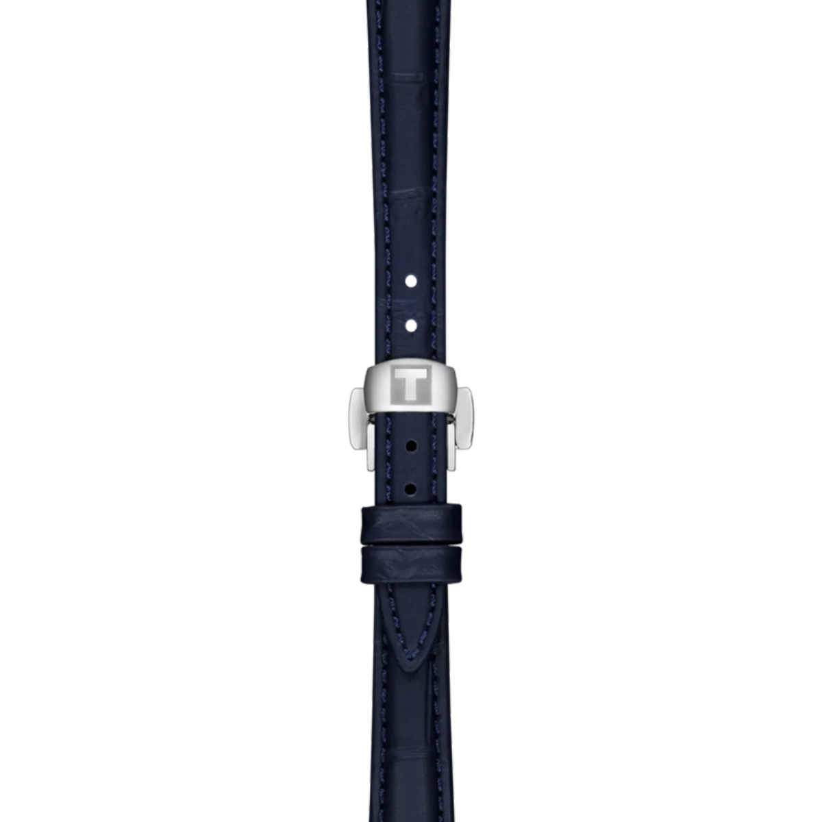 Navy leather watch strap with silver buckle on a white background