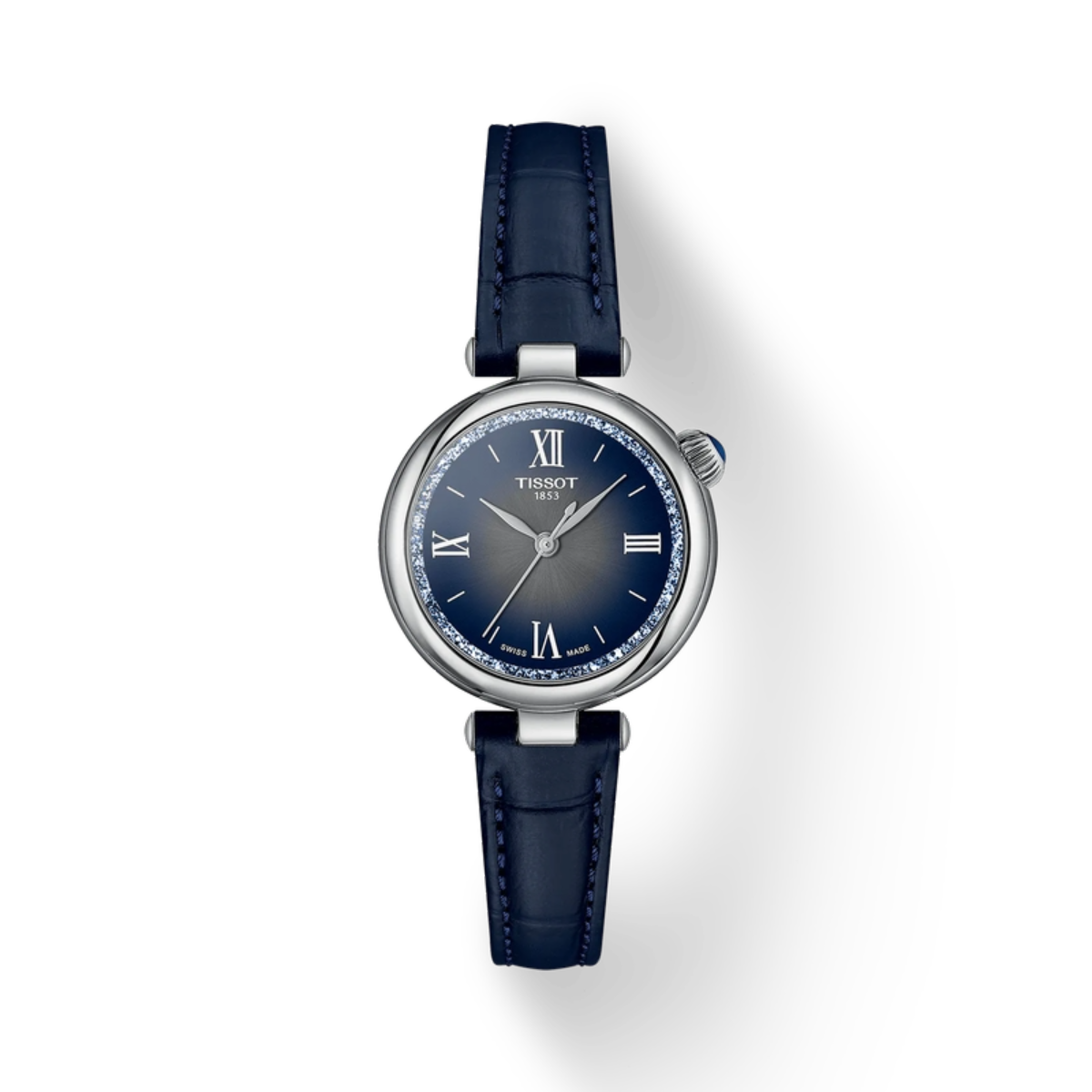 Luxury watch with blue strap and silver case on a white background