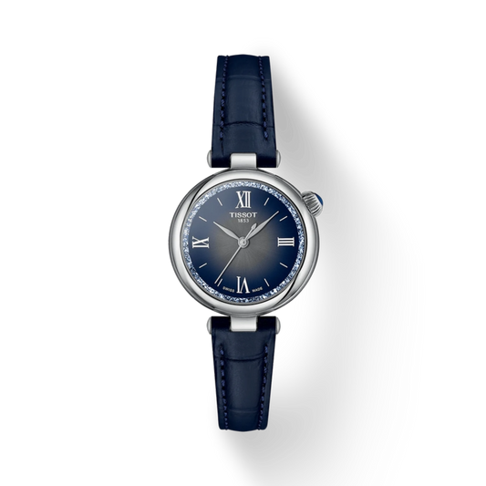 Luxury watch with blue strap and silver case on a white background