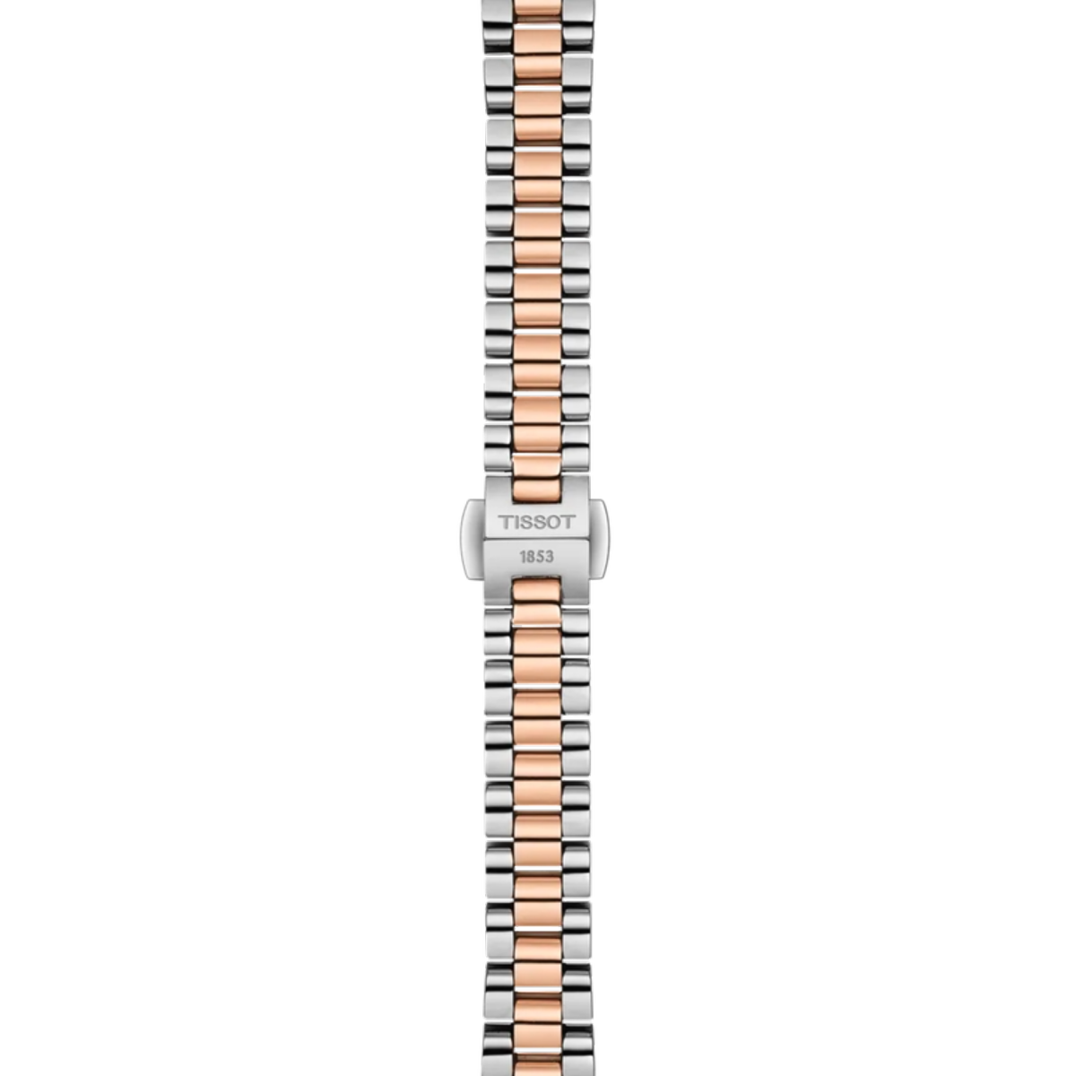 Two-tone watch strap with Tissot logo on a white background