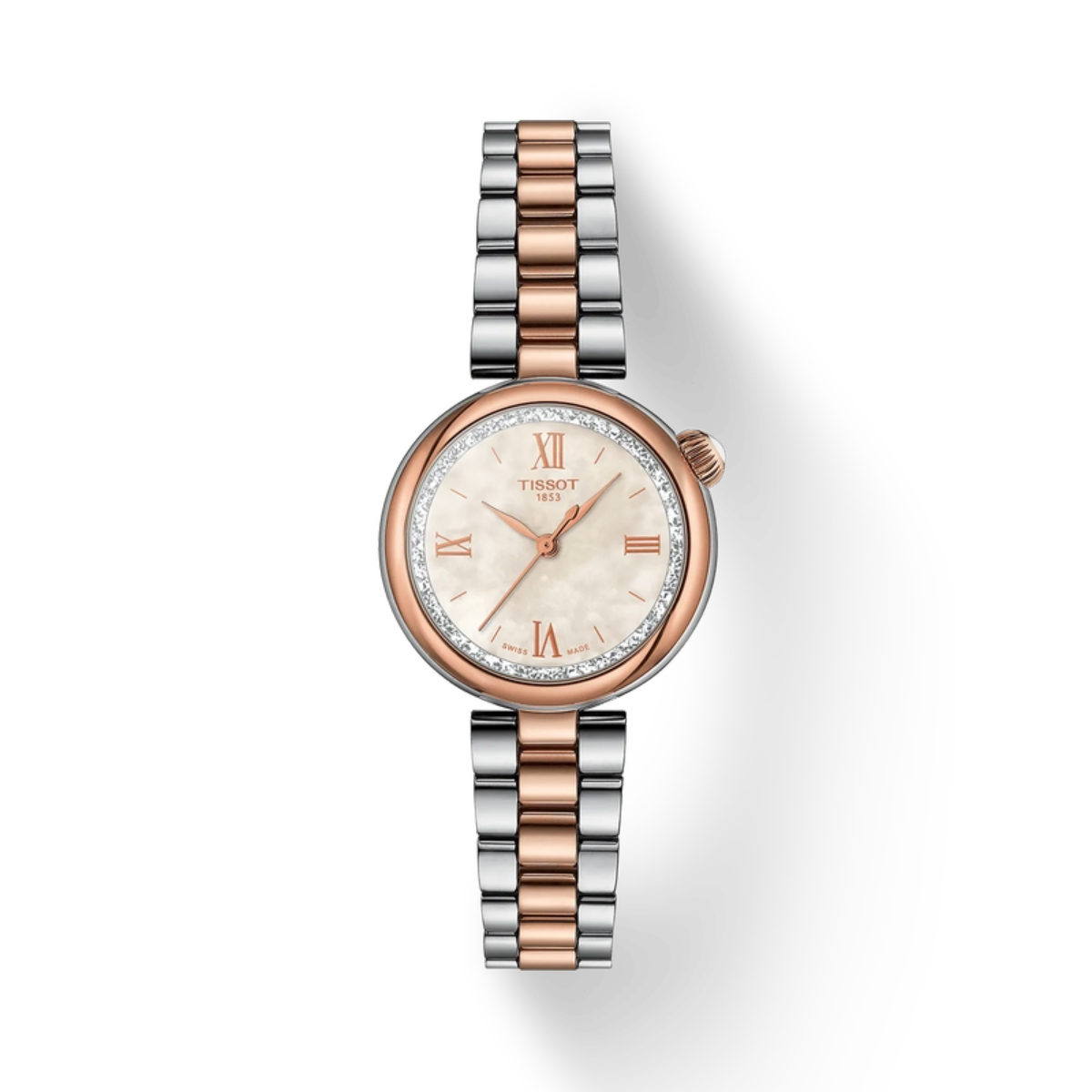 Two-tone watch with rose gold and silver bracelet on a white background