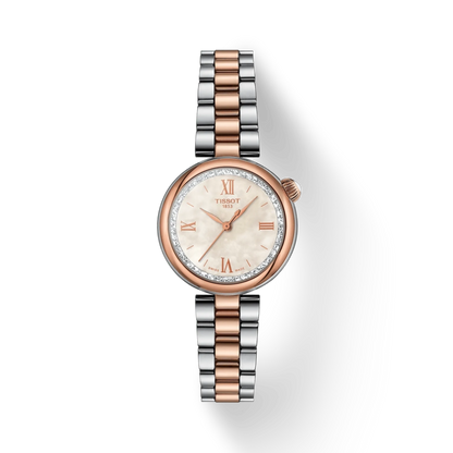 Two-tone watch with rose gold and silver bracelet on a white background
