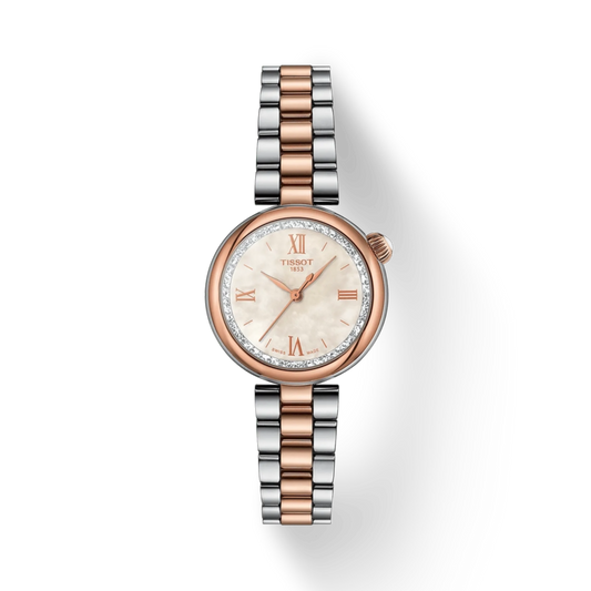 Two-tone watch with rose gold and silver bracelet on a white background
