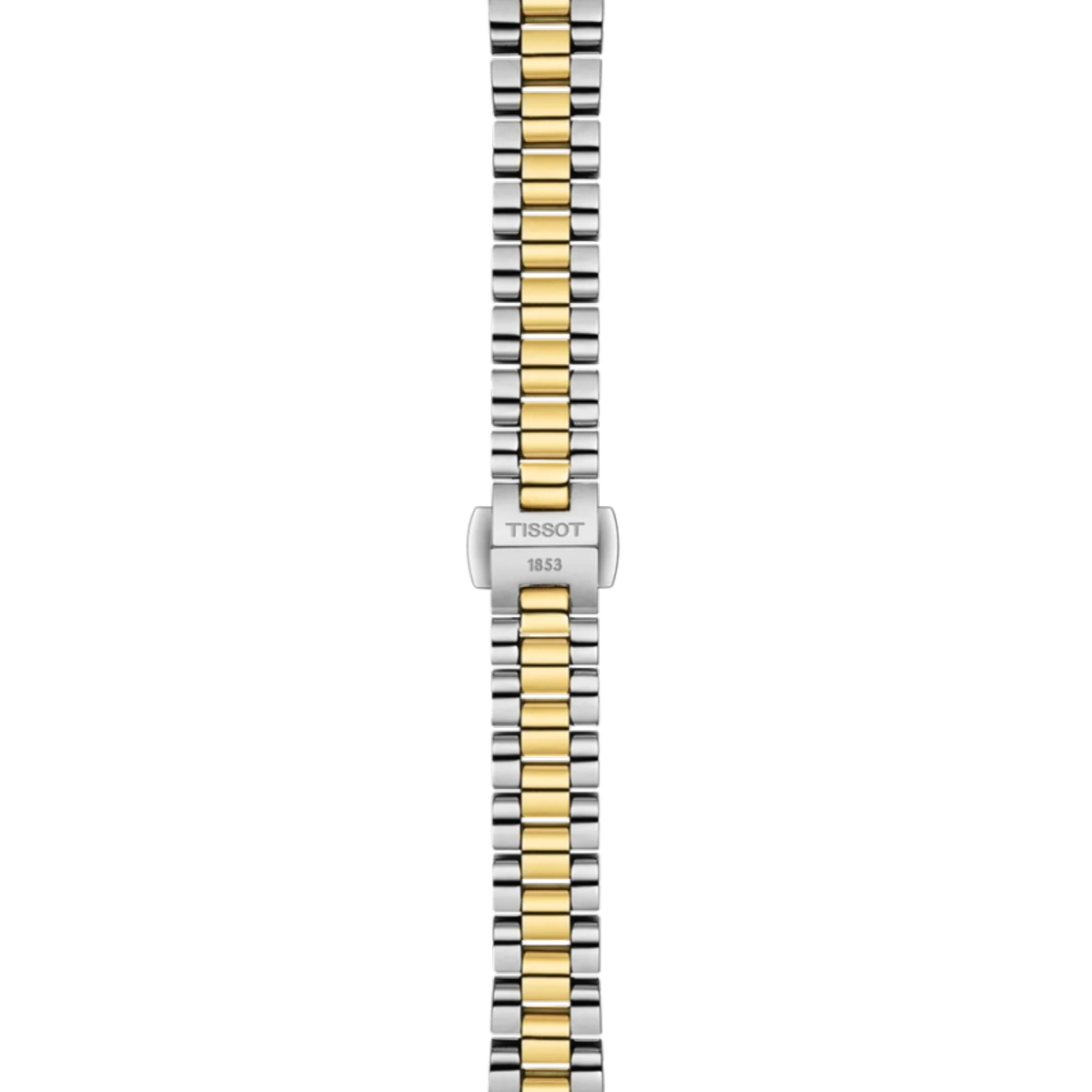 Two-tone watch strap with Tissot logo on a white background