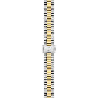 Two-tone watch strap with Tissot logo on a white background