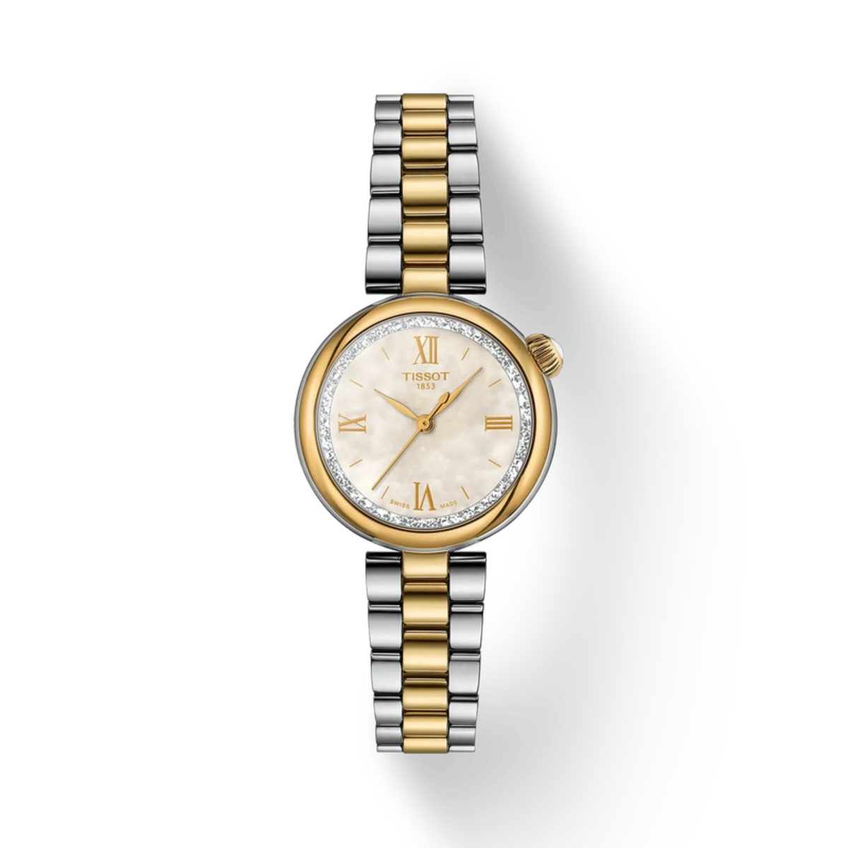 Two-tone watch with gold and silver bracelet on a white background