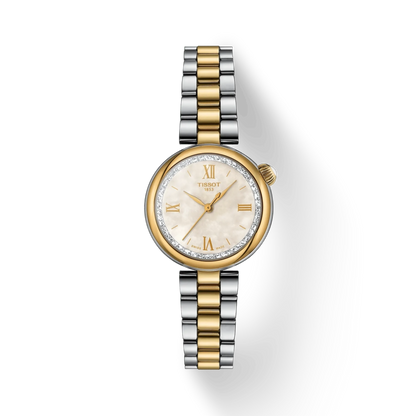 Two-tone watch with gold and silver bracelet on a white background