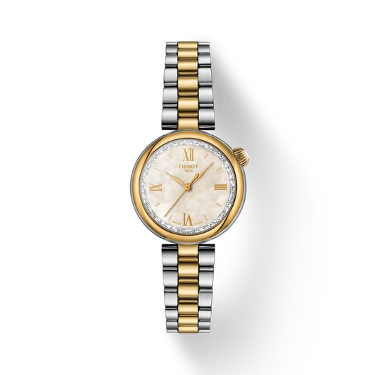 Two-tone watch with gold and silver bracelet on a white background