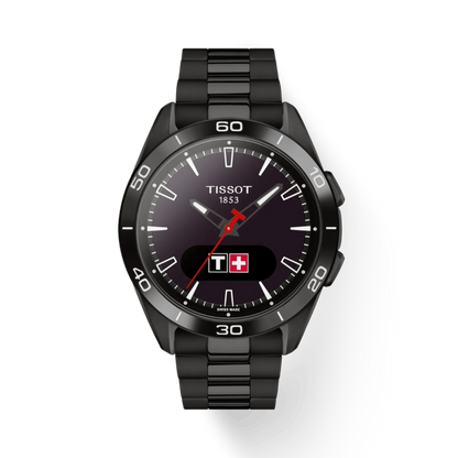 Black Tissot watch on a white background