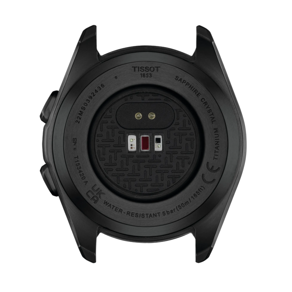 Back view of a black Tissot smartwatch on a white background