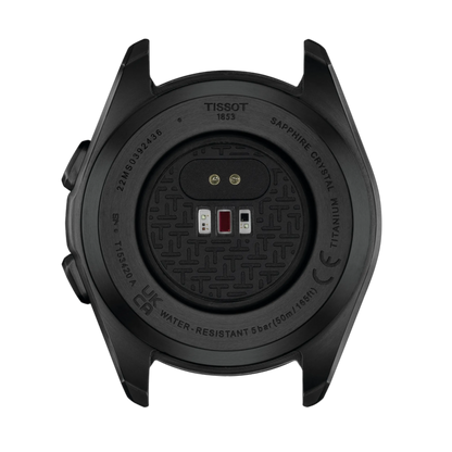 Back view of a black Tissot smartwatch on a white background