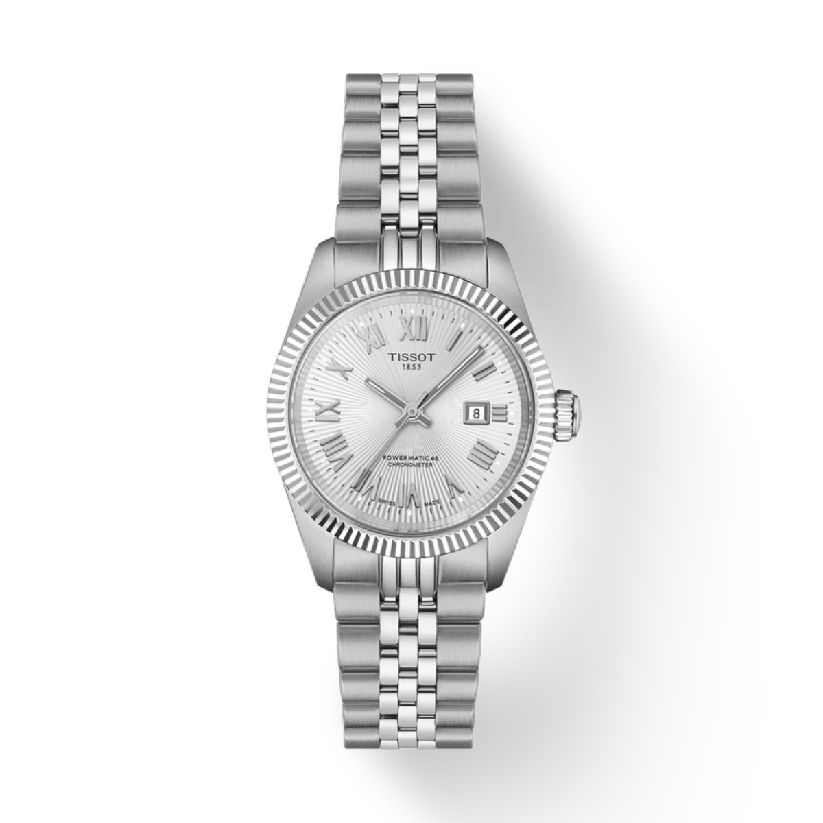 Silver Tissot watch with a white face on a white background