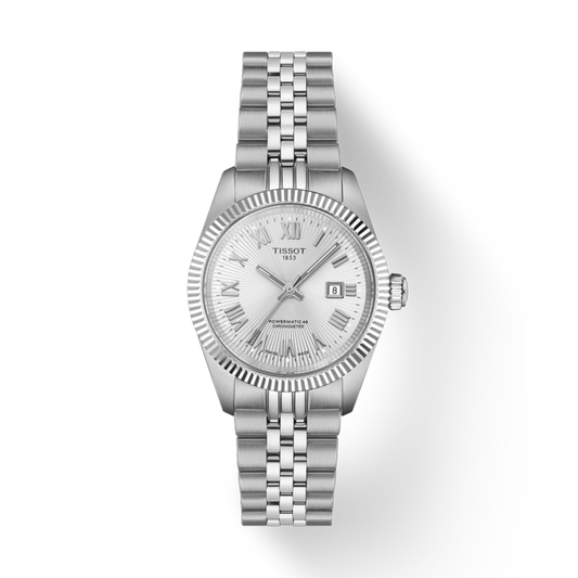 Silver Tissot watch with a white face on a white background