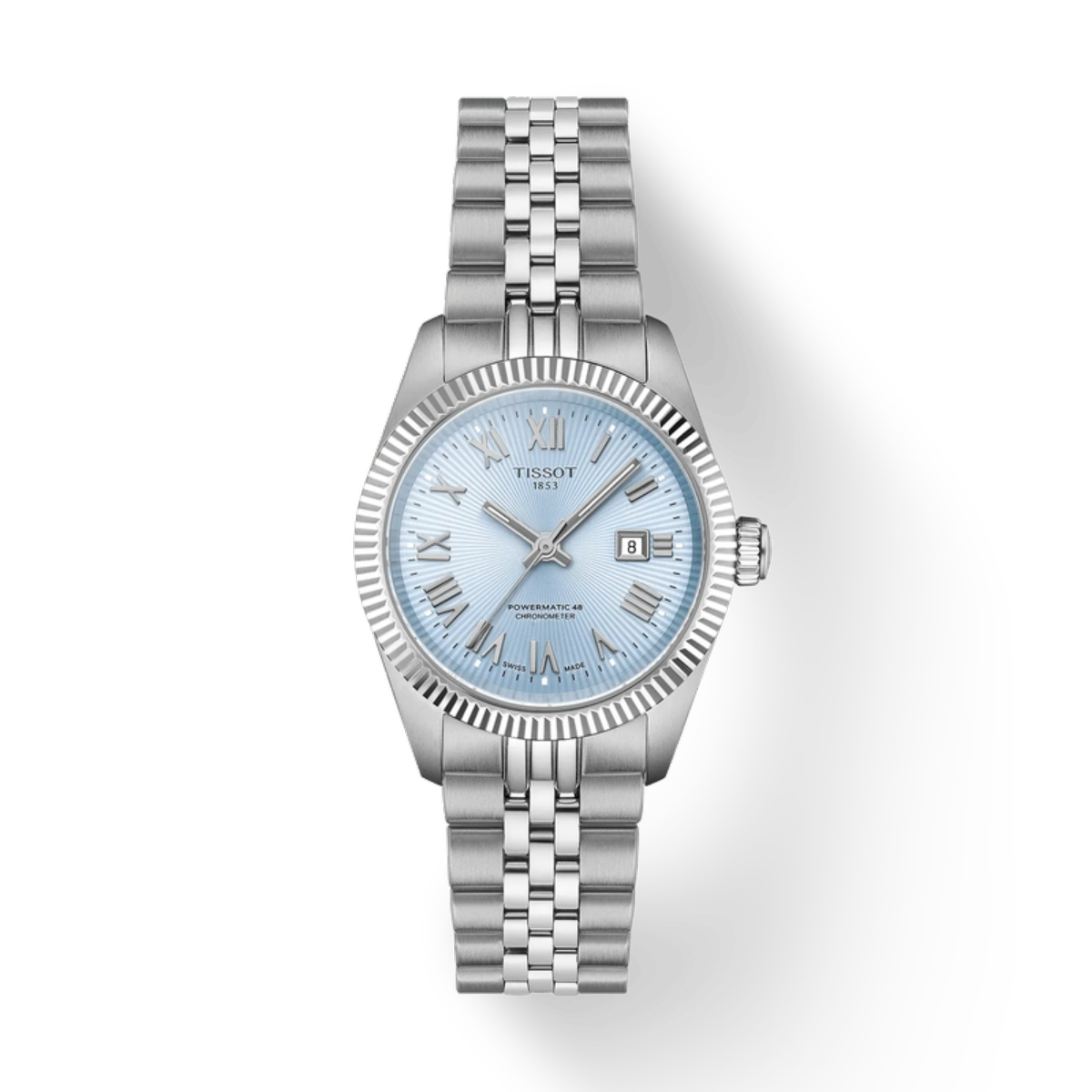 Silver watch with a light blue face on a white background