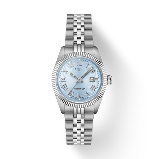 Silver watch with a light blue face on a white background