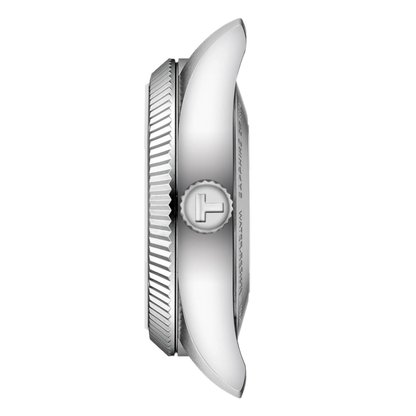 Silver watch case on a white background