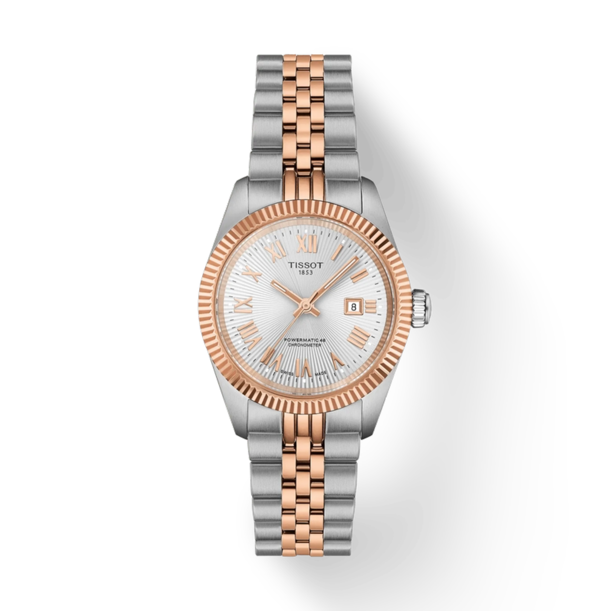Two-tone watch with silver and rose gold band on a white background