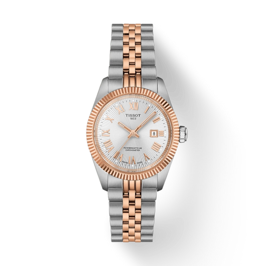 Two-tone watch with silver and rose gold band on a white background