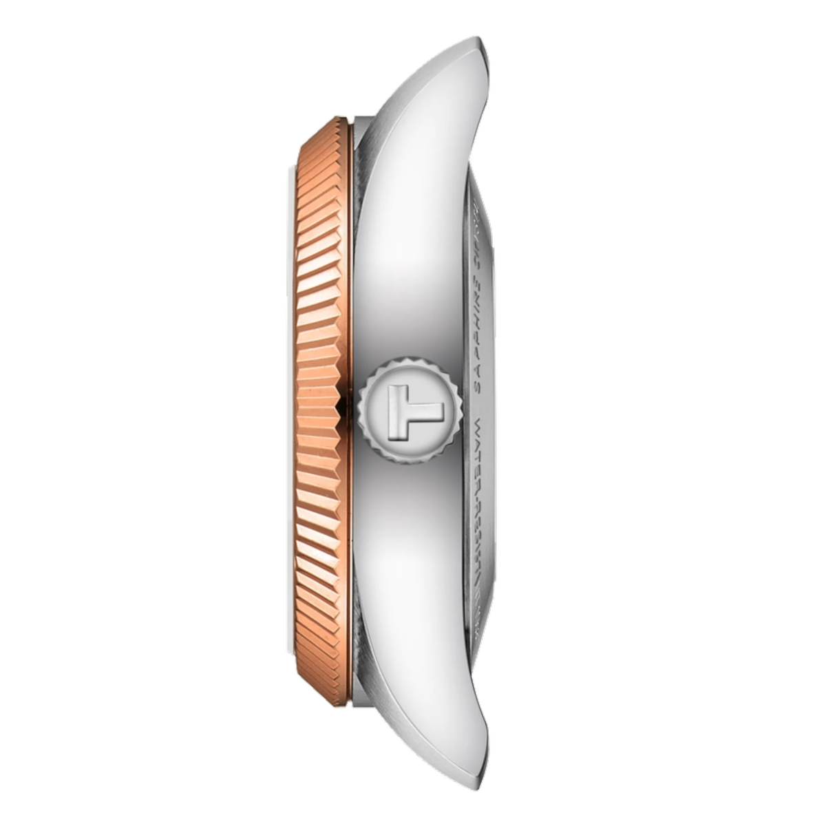 Close-up of a watch with a rose gold and silver design on a white background