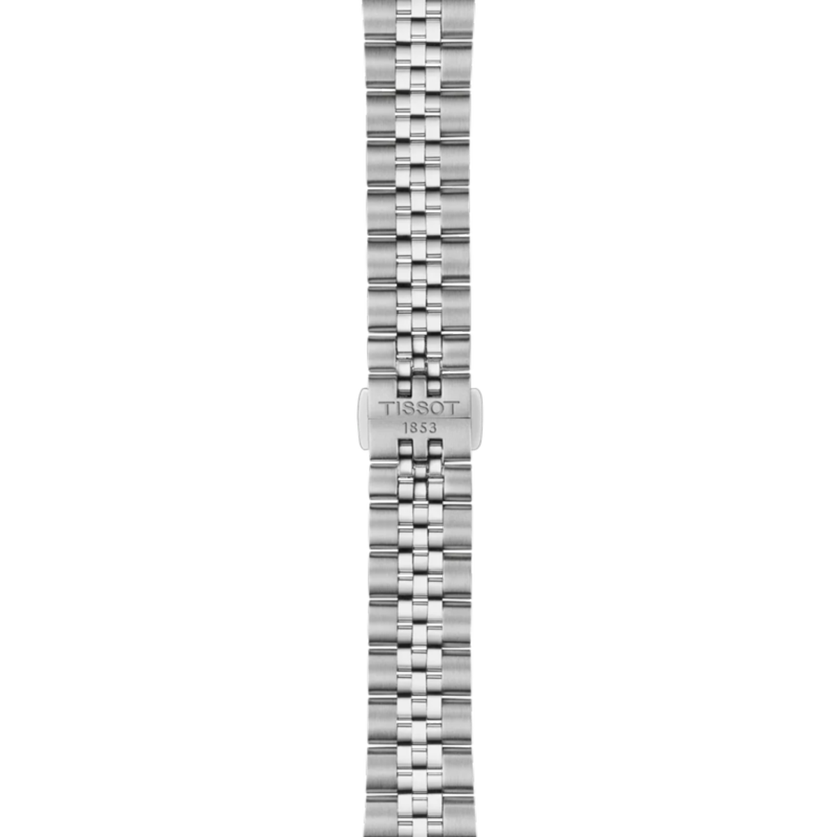 Silver watch strap with Tissot logo on a white background