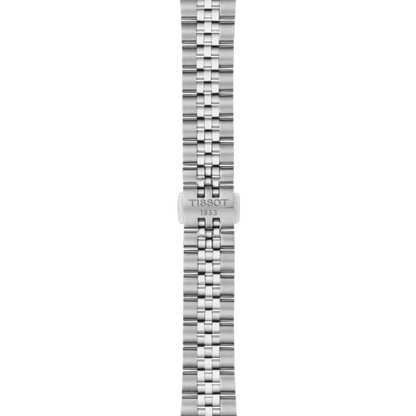 Silver watch strap with Tissot logo on a white background