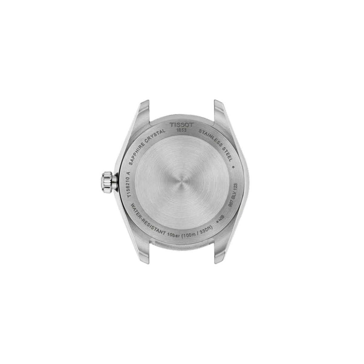 Back view of a silver Tissot watch on a white background