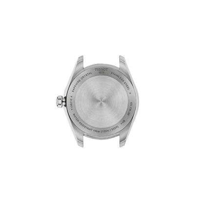 Back view of a silver Tissot watch on a white background