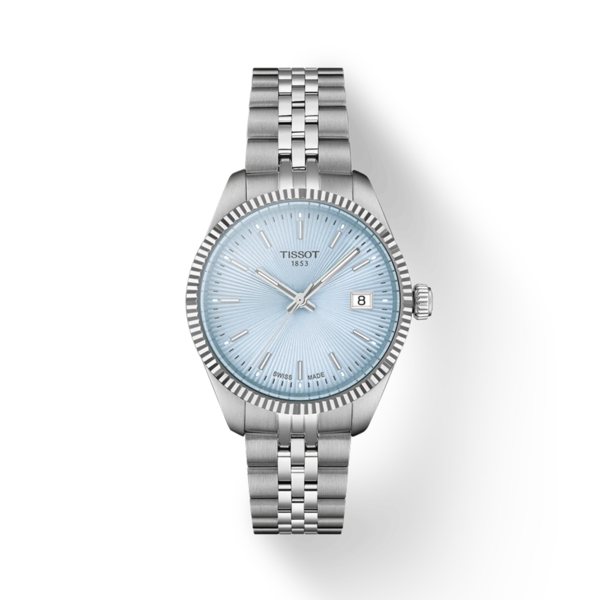 Silver Tissot watch with light blue dial on a white background