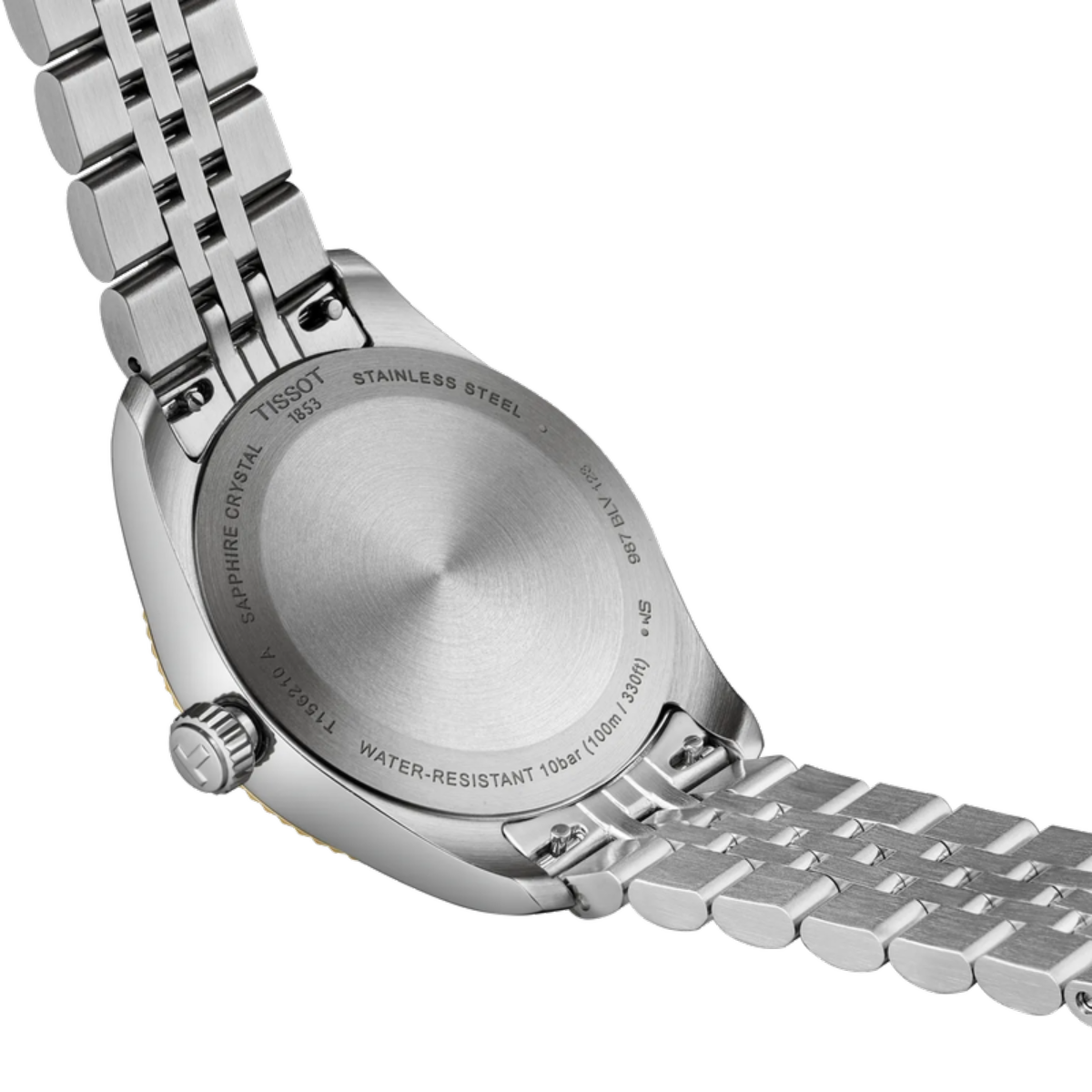 Close-up of a silver Tissot watch band on a white background