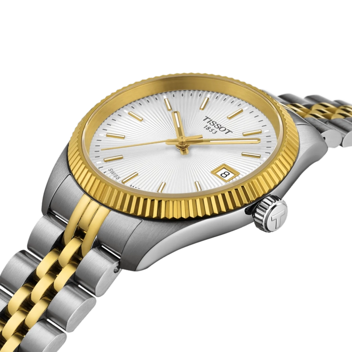 Two-tone Tissot watch with gold and silver band on a white background