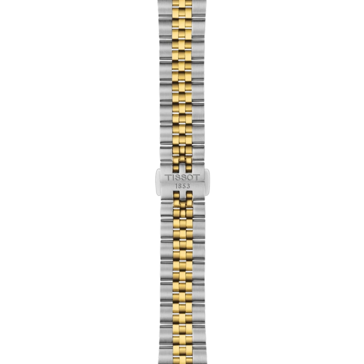 Two-tone watch strap with Tissot logo on a white background