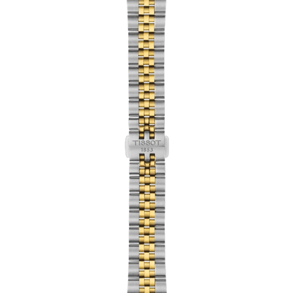 Two-tone watch strap with Tissot logo on a white background