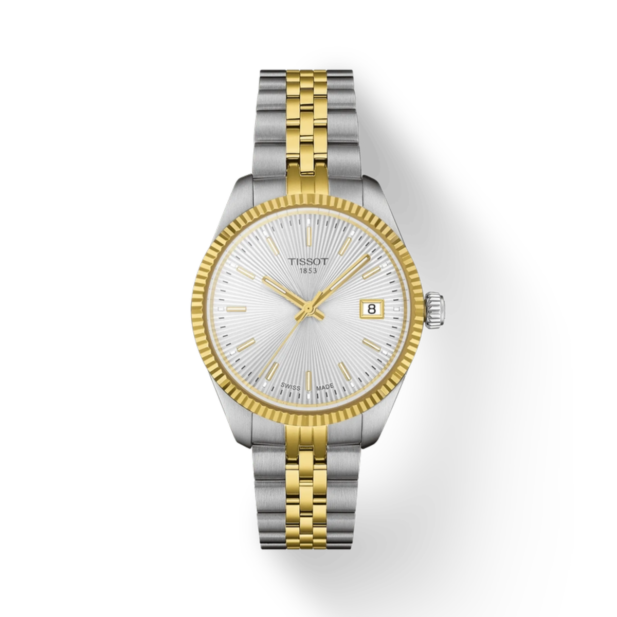 Two-tone silver and gold watch with Tissot logo on a white background
