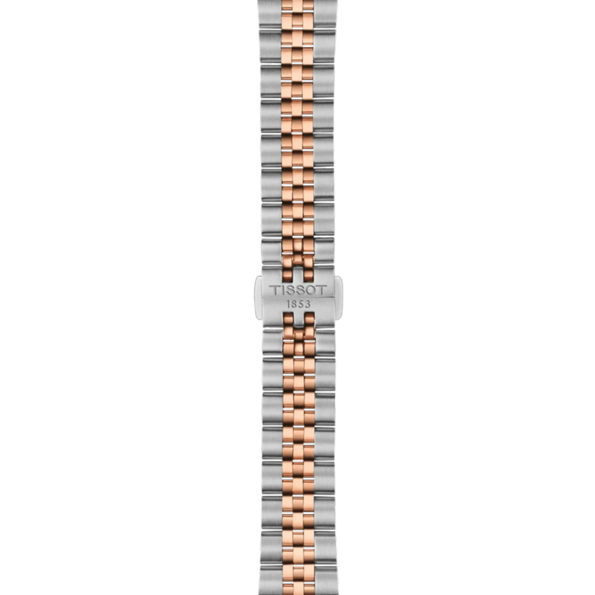 Two-tone watch strap with Tissot logo on a white background