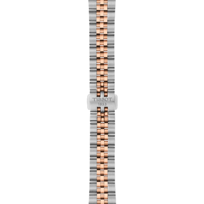 Two-tone watch strap with Tissot logo on a white background