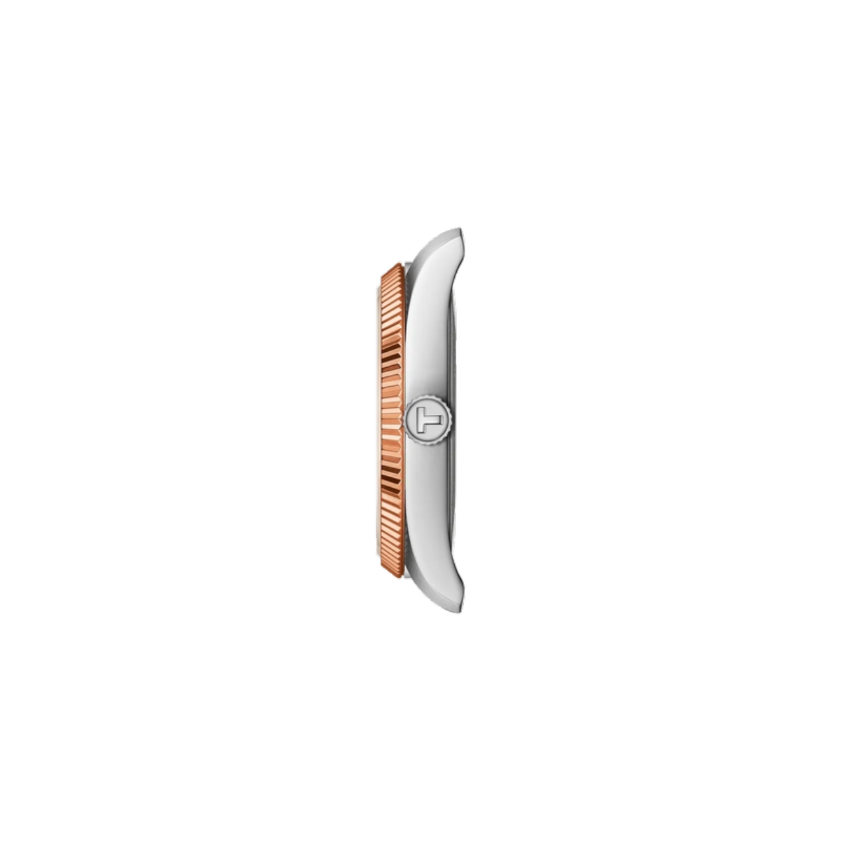 Wristwatch with rose gold and silver design on a white background